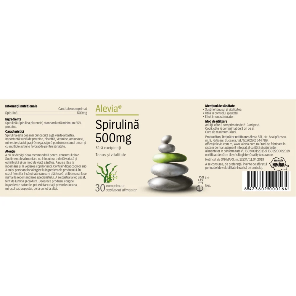 Spirulina 500mg 30cp 140x46mm Alevia